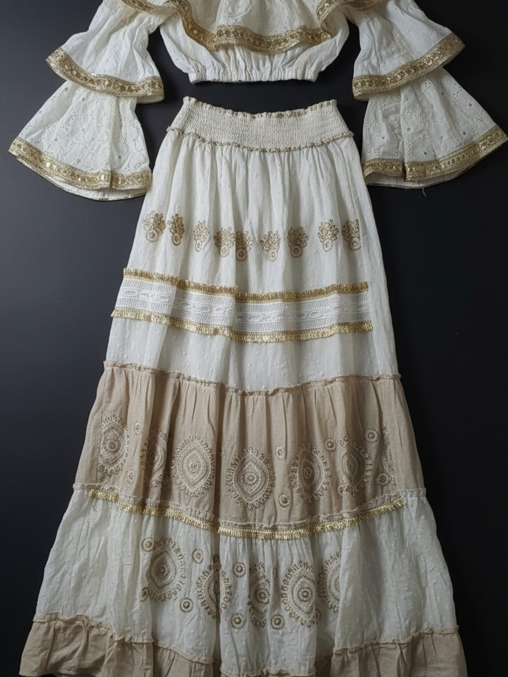 Boho Tiered Cream and Tan Embroidered Maxi Skirt